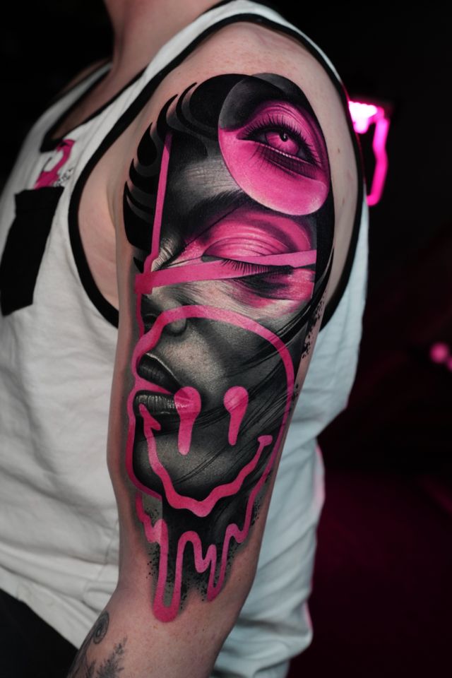 Pink and grey tattoo by Ruslan